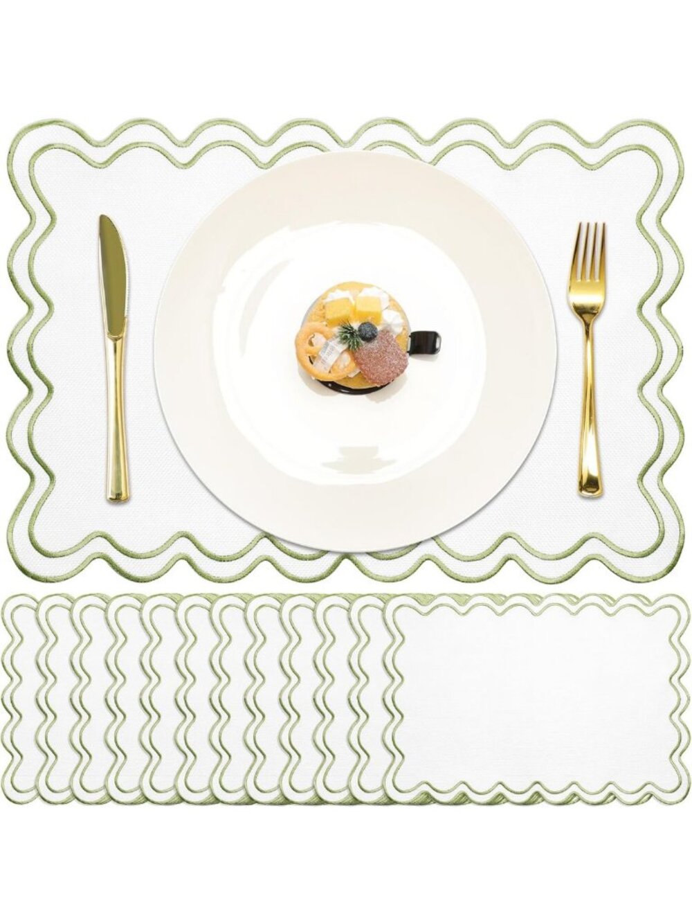 Set of 12 Scalloped Linen Placemats, 13x19, Grass Green - Elegant Table Decor